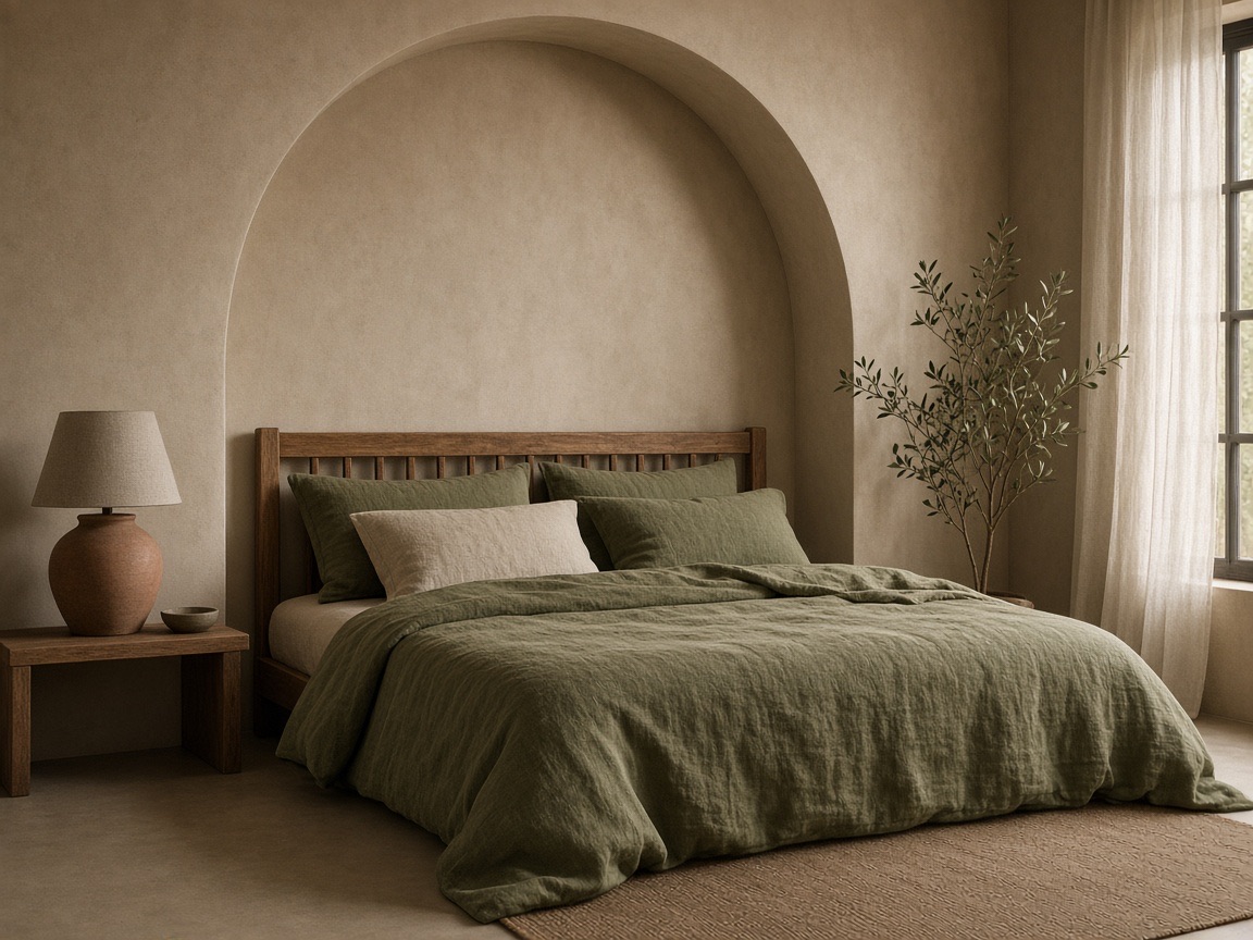 Schlafzimmer mit Leinen und Bogen